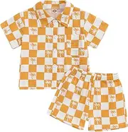 [Mandizy] Toddler Baby Boy Summer Clothes Checkered Palm Tree Print Shirt Tops and Shorts Set 2Pcs Cotton Linen Outfit