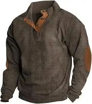 [INGROWING] Hoodie Winter Men's Retro Stand Collar Button Up Sweater Long Sleeve Sweaters with Elbow Patches Corduroy Pullover for Men's Outdoor Casual Mens Sweatshirt