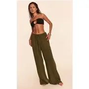 Khaki Linen Look Drawstring Beach Pants, Khaki