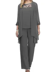 Mother of The Bride Pant Suits 3Pcs Women Wedding Formal Outfit Set Chiffon Evening Gown Plus Size gray M