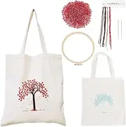 WADORN DIY Tote Canvas Bag Embroidery Kit with Tree Pattern, Tote Bag Needlepoint Starter Kit Personalized Canvas Bag Cross Stitch Kit with Instruction Handmade Bead Embroidery Handbag Sewing Project