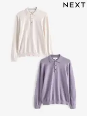 Neutral/Light Purple Regular Fit Knitted Long Sleeve Polo Shirts 2 Pack (E26106) | $102