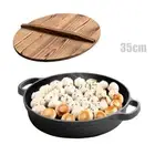 NEW 35cm Paella Frypan Cast Iron Pre-seasoned Deep Frying Pan with Wooden Lid AU