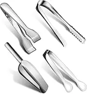 Sieral 4 Pieces Silver Ice Tongs and Scoops for Ice Bucket Stainless Steel Versatile Serving Tongs with Teeth Shovel Scoop for Freezer Kitchen Food Buffet Cocktail Tea Party Bar Wedding BBQ