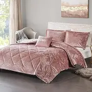 Intelligent Design Felicia Luxe Comforter Velvet Lush Double Sided Diamond Quilting, Modern All Season Bedding Set with Matching Sham, Decorative Pillow, Full/Queen(90"x90"), Blush 4 Piece