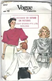 Vogue Patterns 8747, Vintage Blouse with Sleeve Variations, Size 12, Uncut
