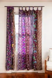 2Pc Indian Vintage Sari Patchwork Curtain Drape Window Decor Silk Purple Curtain