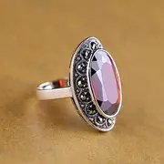 [FEATUR] Mens Rings Stainless Steel Rings,Wedding Band Promise Ring, Chinese Style Ring Jewelry S925 Pure Silver Ring Jewelry Personalized Thai Silver Antique Old Female Faceted Garnet RingAs Shown, 0.5O (Col