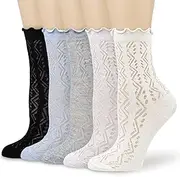[ZANZER] (5 Pairs) Ruffle Mesh Crew Socks - Breathable Thin Frilly Ankle Socks with Knit Pattern Sheer