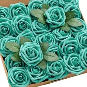 NNETM 25pcs Teal Green Artificial Roses with Flexible Stems
