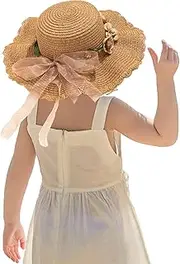 [Kunyeah] Kids Girl Summer Straw Hat Foldable Wide Brim Cap Sun Visor Hats Sun Protection Beach Hats Bowknot Floppy Cap