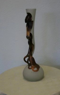 Signed Art Deco Style Hand Blown Art Glass Vase,3d Metal Design White Romania