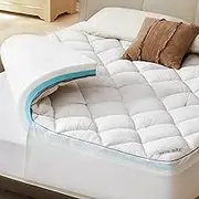 4 Inch Memory Foam Mattress Topper Queen Dual Layer, 2 Inch Cooling Gel Memory Foam Plus 2 Inch Fluffy Down Alternative Pillow Top Mattress Pad Cover for Back Pain, Medium Support (White)