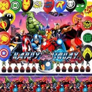 Super Heroes Theme Party Decorating Set - Birthday Backdrop Balloons Cake Cupcake Toppers Tablecloth