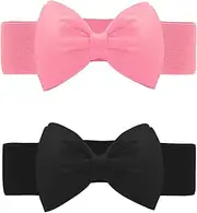 [Allegra K] Women's 2Pcs Bowknot Elastic Belts, 2.4" Width Elegant Cute Stretchy Cinch Waistband for Dress Wedding Black+Pink Fit Waist:24-32 inches