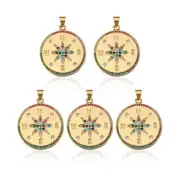 5pcs Colorful Flat Round with Compass Brass Cubic Zirconia Pendants 25.5x2mm