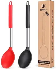 Large Silicone Cooking Spoon Set of 2 Non Stick Solid Basting Spoon Heat-Resistant Kitchen Utensils for Mixing Stirring Serving (Black-Red)