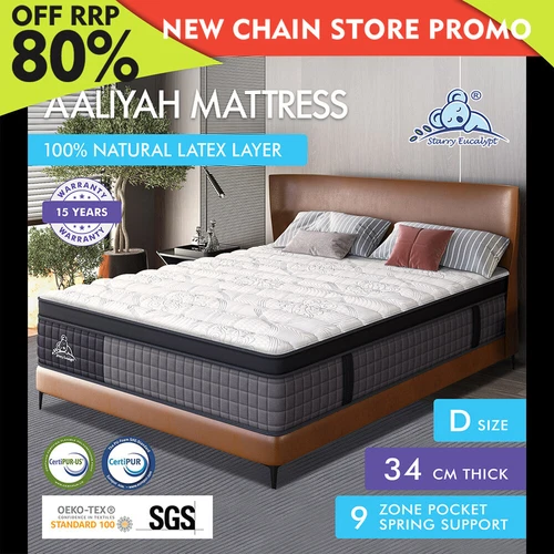 STARRY EUCALYPT Mattress Pocket Spring Double Size Latex Euro Top 34cm Aaliyah