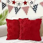 4th of July Throw Pillow Covers Set of 2, Red Color Stars Soft Plush Faux Fur Jacquard Independence Day Decor Holiday Farmhouse Cushion Case Decoration for Sofa Couch 18 x 18 Inch