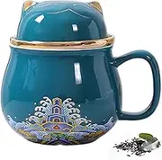 DEARART Beautiful Tea Cup and Lid Filter, 300ml Easy to Clean Keep Hot, Steeping Loose Leaf Tea Bag, Coffee, Milk, Cute Cat, Green