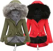 [JEShifangjiusu] Women Wool Lined Military Jacket With Fur Hood 2 Winter Clothing Mid - Long Thick Sherpa Thermal Coat Anoraks, Colour 16, L