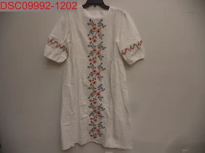 Petal Lush Women's Ivory 3/4 Sleeve Round Neck Embroidered Mini Dress, Size M