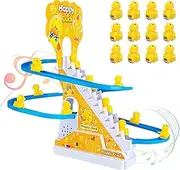 Pack of 12 Electric Duck Stair Climbing Toys, Duck Roller Coaster, Educational Toy from 3 Years with Flashing Lights and Music On/Off Switch, Gifts for Girls and Boys