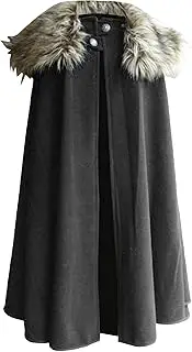 [Zylphorix] Men's Mid Long Faux Woolen Cloak Coat Faux Fur Collar Button Snap Outerwear Winter Loose Cozy Overcoat
