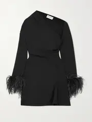 [16ARLINGTON] 16ARLINGTON - Adelaide One-shoulder Feather-trimmed Crepe Mini Dress - Black - UK 14 UK 14 Black
