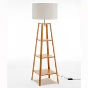 Eiffel 3 Tier Natural Wood Floor Lamp w/ Storage Shelves + Off White Linen Shade