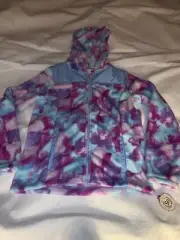 Size 14 SO Plush Faux Fur Tie Dye Zip Front Hooded Jacket White Blue Purple New