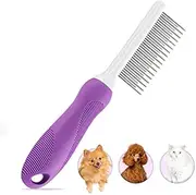 Detangling Pet Comb for Dogs & Cats with Long & Short Stainless Steel Metal Teeth for Removes Tangles and Knots - Detangler Grooming Tool for Dematting Matted Fur (Purple)