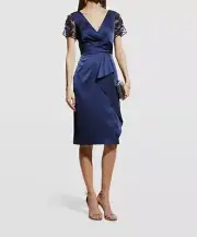 $365 Aidan Mattox Women's Blue Satin Beaded V-Neck Sheath Dress Size US10
