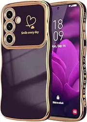 ELEPIK for Samsung Galaxy S22 Case for Women Girls, Cute Wave Frame Curly Shape with Love Heart, Raised Camera Protection, Luxury Plating Shockproof for Galaxy S22 Phone Case, Dark Purple