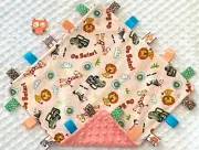 Double Minky! Jungle Safari Minky & Peach Minky Tag Taggie Security Blanket