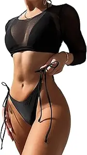 [COOLOYA] Women's 3 Piece Tie Side Bikini Sets Bathings Suit Swimwear with Mesh Cover Ups Crop Tops, Black, Small