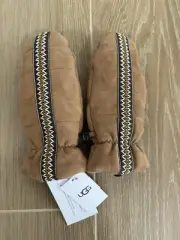 UGG TASMAN MITTENS WOMENS SIZE S/M CHESTNUT LEATHER SUEDE FAUX FUR LINING NWT