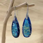 Blue Ocean Jasper Stone Bohemian Teardrop Dangle Handmade Silver Hoop Earrings
