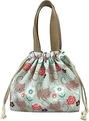 enyuwlcm Mini Lunch Tote Pouch Reusable Small Cute Lunch Bag with Drawstring Suitable for Girls Women Cat Green