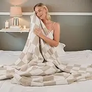 QQP Checkered Throw Blanket,Soft Cozy Microfiber Reversible Checkerboard Fluffy Blanket for Home Bed Couch., 50X60In（Camel&White）