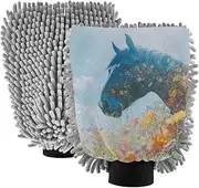 XYMZR Horse Field Flowers Absorbent Microfiber Car Wash Mitt, Funny Cute Anime Scratch Free for Cars Cleaning, Home Cleaning Mitts, 2 Pack, 10.24” L x 7.09” W
