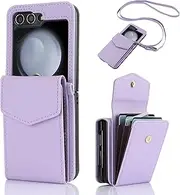 Phone Case for Samsung Galaxy Z Flip 5 5G 2023 Wallet Cover with Crossbody Shoulder Strap Card Holder Credit Slot Stand Cell Accessories leather Purse ZFlip5 Z5 G Flip5 5Z Women Men Girls Light Purple