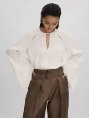 REISS Gracie Cut-Out Flute Sleeve Blouse Top in Ivory