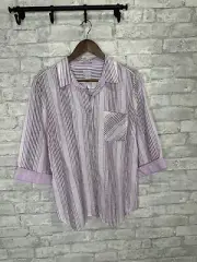 Chico's No Iron 100% Linen Button Front Top Ombré Stripe Purple Size 2 Large