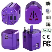 Universal World Travel Adapter With Dual USB Charger Wall AC Power -Purple