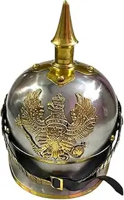 Vintage Silver German Pickelhaube Helmet - WWI & WWII German Prussian Pickelhaube Brass Accents Imperial Officer Spike Helmet - Leather Replica helmet For Larp Reenactment Party Cosplay Costume