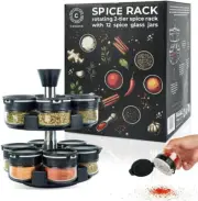 Rotating Spice Rack Organizer 2-Tier Spice Carousel 12 Empty Glass Jars Dual-Lid