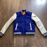 Superdry Womens Vintage Varsity Wool PU Bomber Jacket Blue Size 10 BRAND NEW