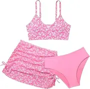 [Happy Cherry] Girls' Bikini Sets 3 Children's Floral Print Swimsuit Summer Swimwear Set with Skirt Teenager Beach Swimsuits Bikini for 8-14 Years, Pink, 150