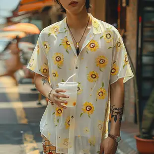 Incerun 男士韓版休閒花卉印花短袖寬鬆襯衫